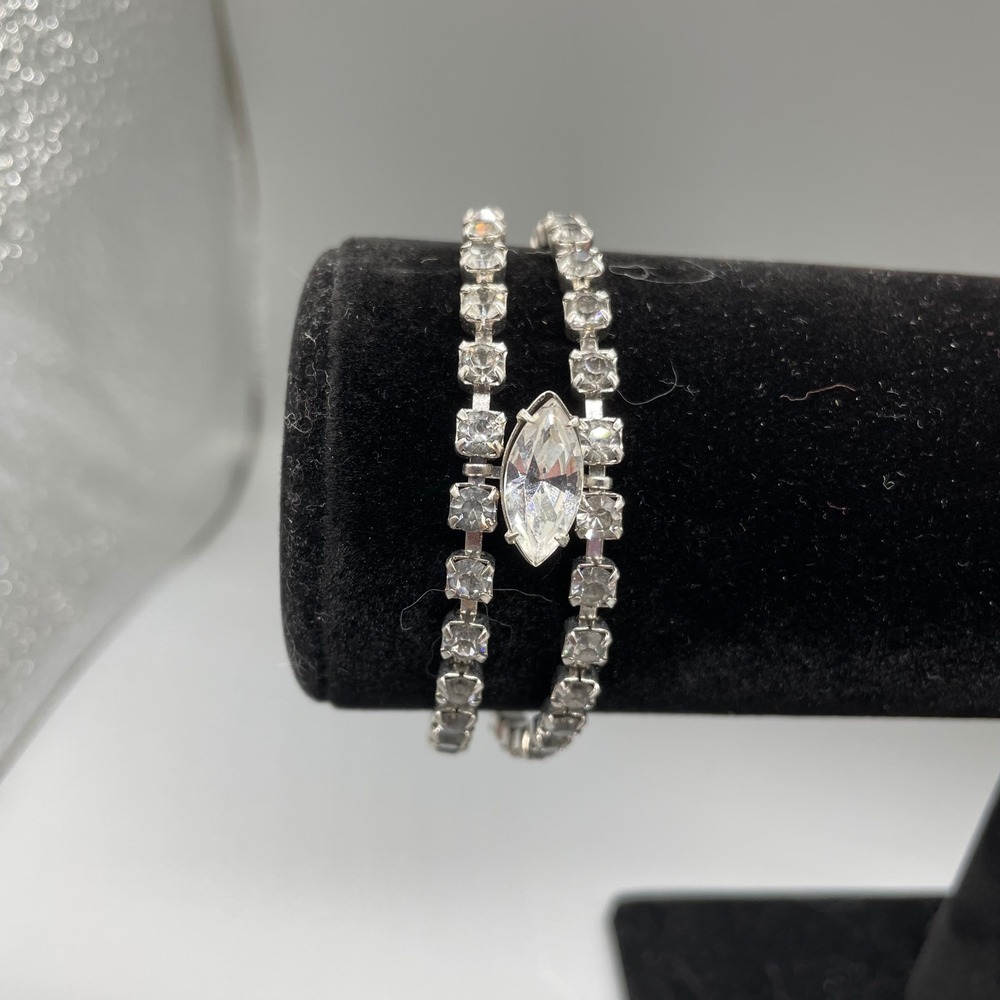 Vintage Double Strand Rhinestone Tennis Bracelet Marquise Center Silver Tone 7in